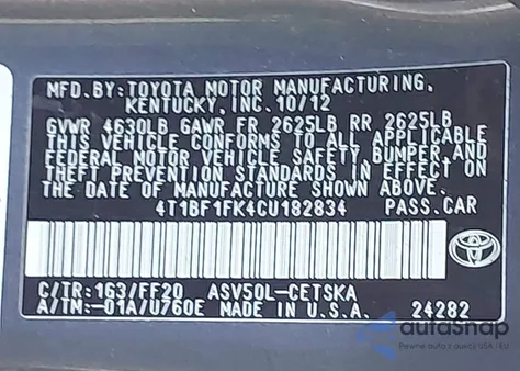 2012 Toyota Camry Se z USA, uszkodzony, nr VIN 4T1BF1FK4CU182834